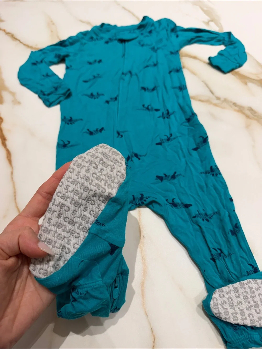 Carter's Turquoise Dinosaur Print Zip-Up Footed One-Piece for Kids 18m